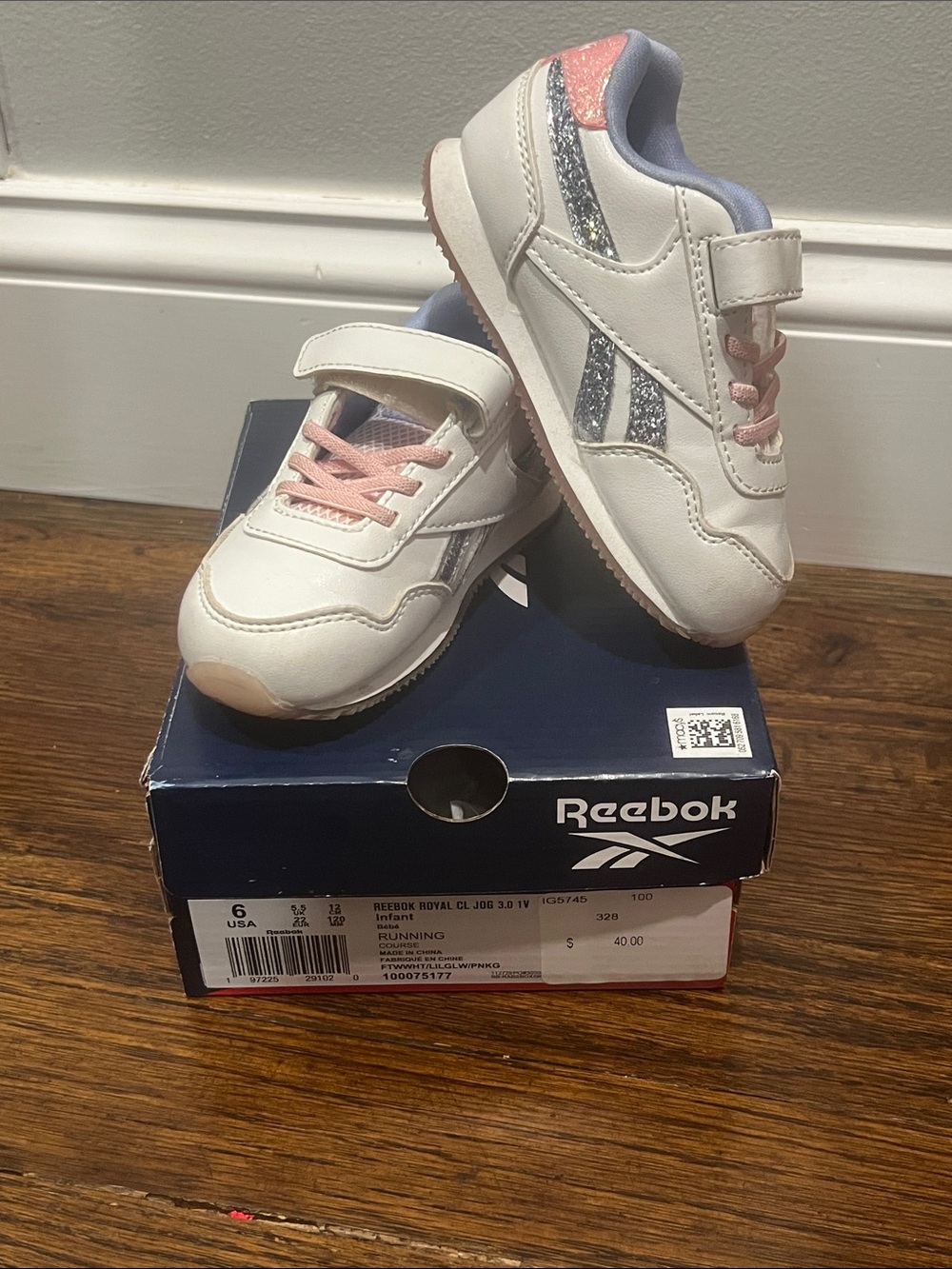 Reebok Kids White Sneakers with Pink and Silver Accents